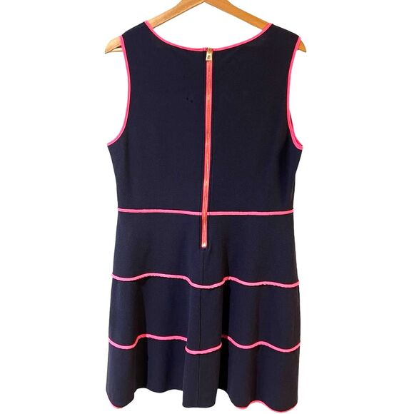 Sail to Sable Navy Blue Fit & Flare Dress Sz L Pink Trim V-Neck Coastal Preppy - Picture 2 of 6